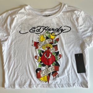 Ed Hardy White Crop Top~New With tags~True To My Love~Size Large
